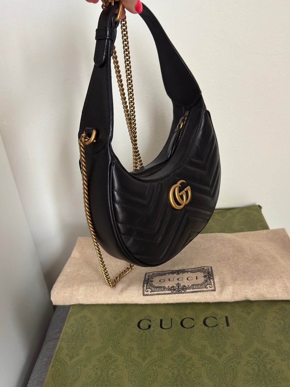 Authentic Like new with Tag Gucci Mini GG Marmont half-moon Shoulder Bag Black